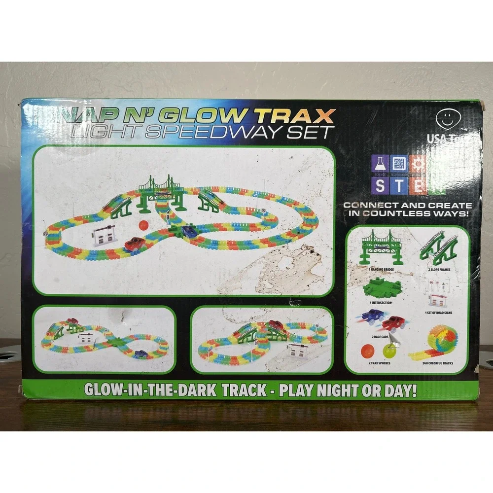 USA Toyz Snap N Glow Trax Light Speedway Set 360pc Glow Track 2 LED Cars STEM